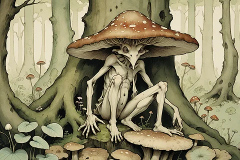 A Close Portrait Of A Wizened Mushroom-headed Creature, Deta... — SDXL AI Prompt: A close portrait of a wizened mushroom-headed creature, detailed facial features...