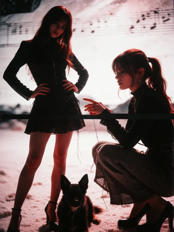 A Collage Presents Two Young Women In A Staged, Almost Theat...