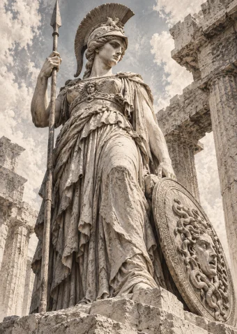 Une Statue Dathna, Vue En Trs Lgre Contreplonge Et De 34 Gau... — Stable Diffusion AI Prompt: Une statue d'Athéna, vue en très légère contreplongée et de 3/4 gauche. La statu...