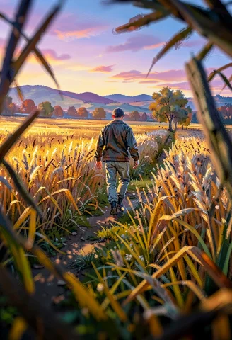 A Farmer Walking Home Through Golden Fields, Expressive Brus... — Stable Diffusion AI Prompt: a farmer walking home through golden fields, expressive brushwork, twilight glow...