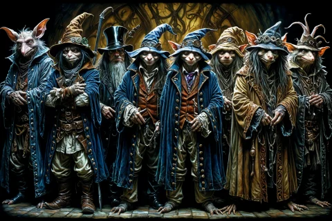 A Rogues Gallery Of Criminal Creatures Wearing Elaborate Att... — SDXL AI Prompt: A Rogue's gallery of criminal creatures wearing elaborate attire participate in...