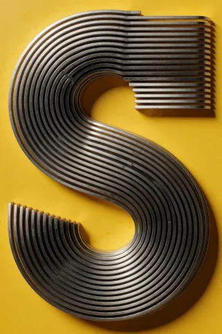 A Metallic Letter S Composed Of Stacked, Parallel Bands Curv... — Stable Diffusion AI Prompt: A metallic letter S composed of stacked, parallel bands curves against a flat ye...