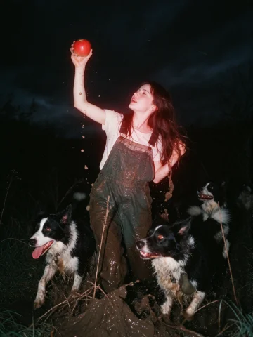 Young Woman Farmhand Raising Bright Red Apple, Chaotic Leapi... — Stable Diffusion AI Prompt: young woman farmhand raising bright red apple, chaotic leaping border collies sp...
