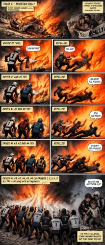 Graphic Novel, Rally. Fiery Crash On The Stage. Persons Trap... — Stable Diffusion AI Prompt: graphic novel, rally. fiery crash on the stage. persons trapped (1 driver + spec...