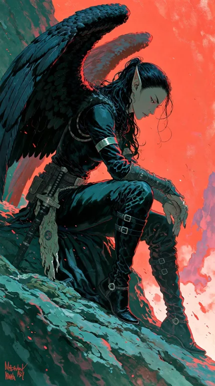 A Dark Fantasy Digital Illustration Of A Winged Elven Warrio...
