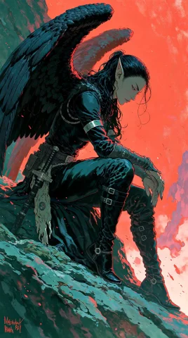 A Dark Fantasy Digital Illustration Of A Winged Elven Warrio... — Stable Diffusion AI Prompt: A dark fantasy digital illustration of a winged elven warrior sitting in a brood...