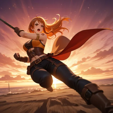Feature A Lady In A Three-quarter View, Dynamic Action Pose,... — Stable Diffusion AI Prompt: feature a lady in a three-quarter view, dynamic action pose, nami