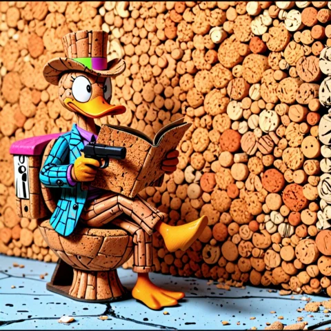 Corkworld, Cork Gangster Duck, A Dash Of Color, Pistol In Ha... — SDXL AI Prompt: corkworld, cork gangster Duck, a dash of color, pistol in hand, interesting back...