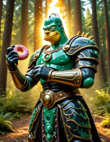 Homer Simpson, Clad In Ornate Jade And Obsidian Fantasy Armo... — SDXL AI Prompt: Homer Simpson, clad in ornate jade and obsidian fantasy armor with a pink-dusted...
