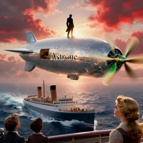 A Gleaming, Steely Airship Shaped Like A Silver Spear The A... — Stable Diffusion AI Prompt: A gleaming, steely air‑ship shaped like a silver spear — the Astronef — descends...