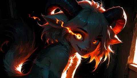 1girl, A Multicolored Fire Demon In Shadows With Giant Twist... — Stable Diffusion AI Prompt: 1girl, a multicolored fire demon in shadows with giant twisted horns. she has wo...