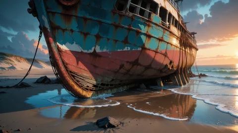 Masterpiece, Very Aesthetic A Large, Abandoned Ship Resting... — Stable Diffusion AI Prompt: masterpiece, very aesthetic A large, abandoned ship resting on a sandy beach, it...