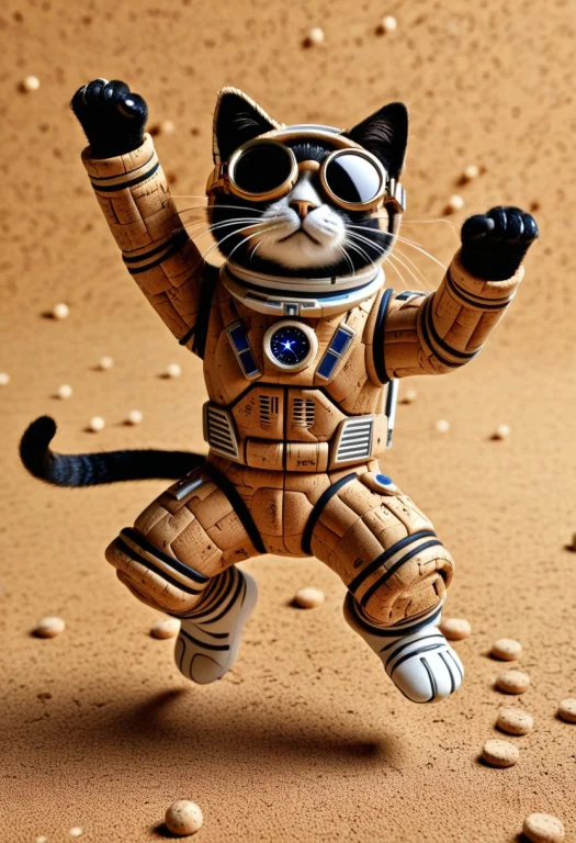 Closeup Tan Color Cork Astronaut Cat, Wear Round Goggles, Dy...