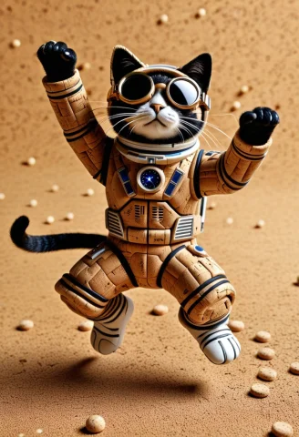 Closeup Tan Color Cork Astronaut Cat, Wear Round Goggles, Dy... — SDXL AI Prompt: closeup Tan Color Cork astronaut cat, wear round goggles, (dynamic kung fu fight...