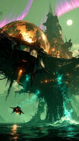 A Cinematic Wide Shot Of A Colossal Aquatic City Floating On... — Stable Diffusion AI Prompt: A cinematic wide shot of a colossal aquatic city floating on the surface of a me...