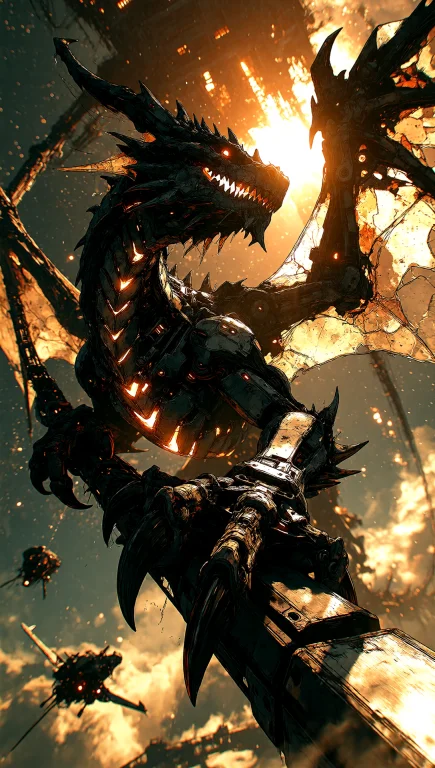 A Cinematic Low-angle Shot Of A Colossal Biomechanical Drago...