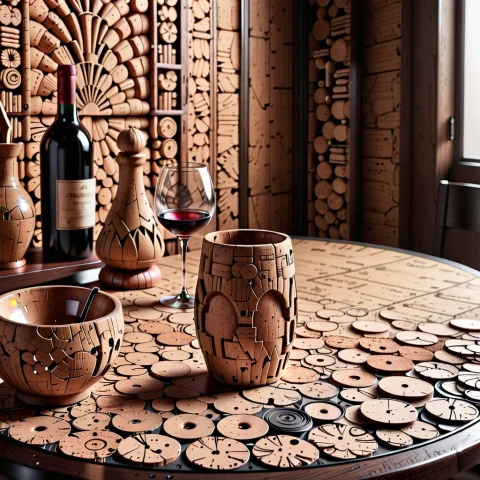 A Cork Wine Bottle On A Table With A Cork Wine Glass In A Ar... — SDXL AI Prompt: a cork wine bottle on a table with a cork wine glass in a art deco restaurant, T...