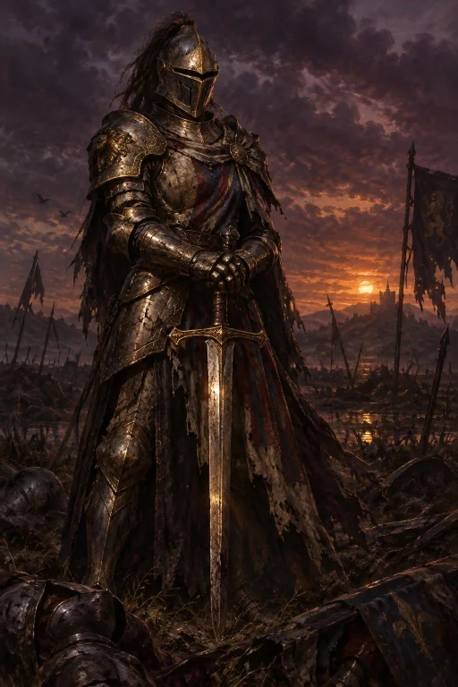 Dark Fantasy Oil Painting Of A Mysterious Knight Standing So...
