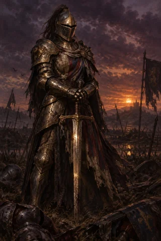 Dark Fantasy Oil Painting Of A Mysterious Knight Standing So... — Stable Diffusion AI Prompt: Dark fantasy oil painting of a mysterious knight standing solemnly on a twilight...