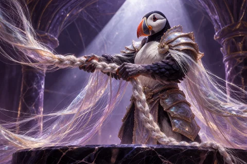 An Adult Anthropomorphic Atlantic Puffin Warrior Stands Atop... — Stable Diffusion AI Prompt: An adult anthropomorphic Atlantic puffin warrior stands atop a polished obsidian...