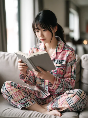 Photograph Of A Japanese Woman In Pajamas Reading A Book Whi... — Stable Diffusion AI Prompt: Photograph of a Japanese woman in pajamas reading a book while sitting on the so...