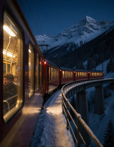 Photorealistic Photograph Of A Night Train Crossing A High V... — Stable Diffusion AI Prompt: Photorealistic photograph of a night train crossing a high viaduct in the Swiss...