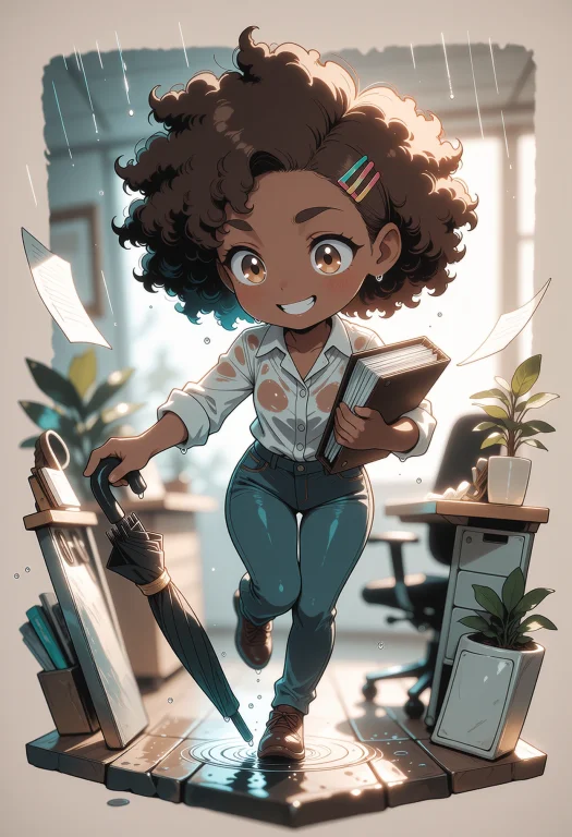 A Cute Chibi Sticker-anime Scene Of A Young Black Woman Caug...