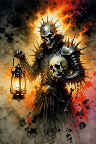 A Headless Iron Maiden Clad In Spiked Metallic Clothes, Hold... — Stable Diffusion AI Prompt: A headless Iron Maiden clad in spiked metallic clothes, holding a sinisterly gri...