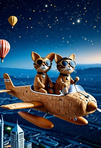Two Tan Color Cork Cat Piloting Small Cute Two-seater Airpla... — SDXL AI Prompt: two Tan Color Cork cat piloting small cute two-seater airplane made of Tan Color...