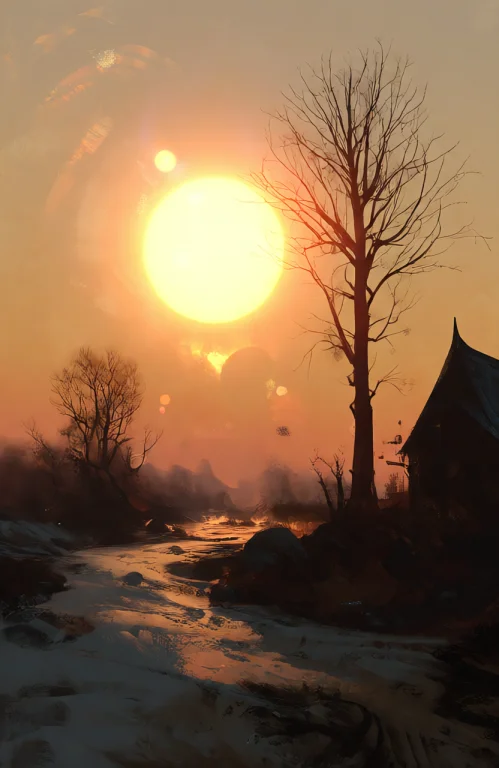 A Surreal Landscape At Sunset Bathed In Warm Orange And Yell...