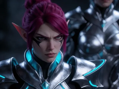 Purple-haired Elf Woman Silver Cyan Armor Angry Expression D... — Stable Diffusion AI Prompt: 🛡️ purple-haired elf woman silver cyan armor angry expression dark background 3d...