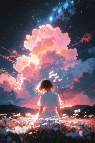 A Young Woman Sits In A Luminous Field Of White Blossoms Ben... — Stable Diffusion AI Prompt: A young woman sits in a luminous field of white blossoms beneath a dramatic twil...