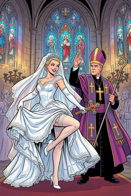 A Bride In A White Gown And Tiara Lifts Her Skirt In A Chape...