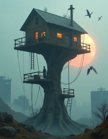 A Futuristic Matte Painting Of A Wooden Treehouse Rebuilt In... — Stable Diffusion AI Prompt: A futuristic matte painting of a wooden treehouse rebuilt in a cyberpunk dystopi...