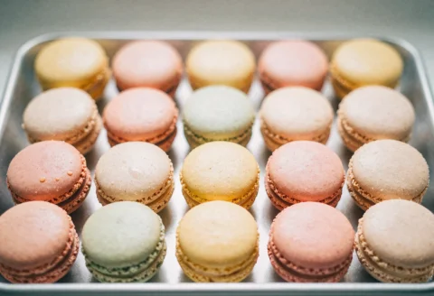 A Tray Of Pastel Macarons In Neat Rows, Misty Light, Grainy... — Stable Diffusion AI Prompt: a tray of pastel macarons in neat rows, misty light, grainy film texture, sharp