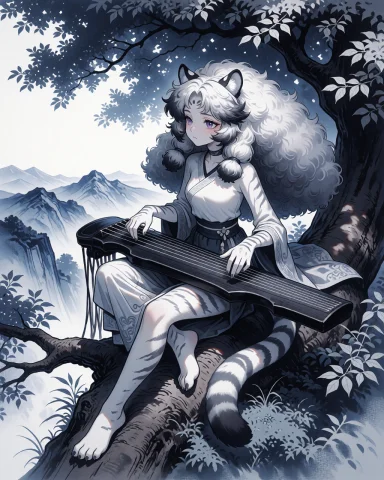 Elegan Slim Tiger Girl With Very Big Hair Is Playing Guqin,... — Stable Diffusion AI Prompt: Elegan slim tiger girl with very big hair is playing guqin, elancholically while...