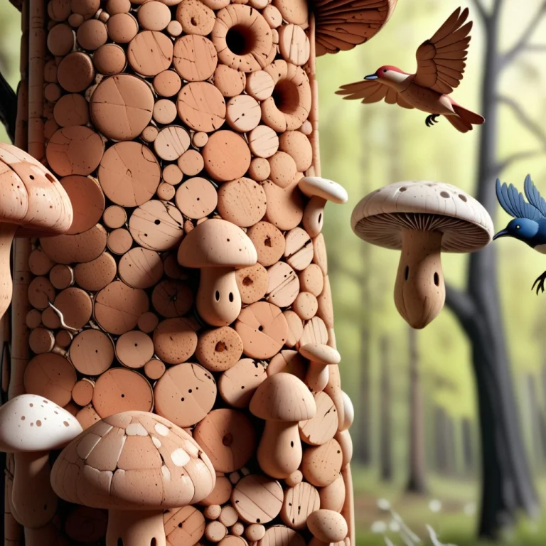 Cork Mushrooms In A Forest Of Cork Trees With Cork Birds Fly...