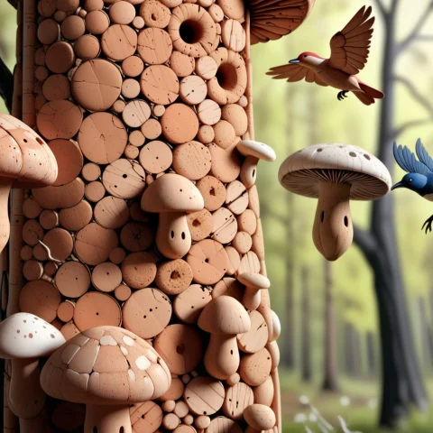 Cork Mushrooms In A Forest Of Cork Trees With Cork Birds Fly... — SDXL AI Prompt: cork mushrooms in a forest of cork trees with cork birds flying over, The classi...