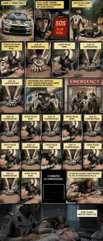 Graphic Novel, Rally. Team In Wheeljack Livery Sees Sos S-o-... — Stable Diffusion AI Prompt: graphic novel, rally. team in Wheeljack livery sees SOS S-o-S S.O.S. alert throw...