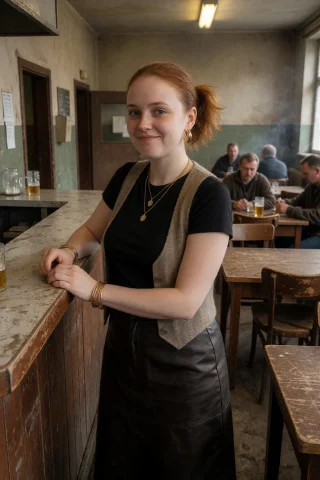 Young Woman Waitress, Short Full-size Figure, Pale Slightly... — Stable Diffusion AI Prompt: young woman waitress, short full-size figure, pale slightly oily face with a few...