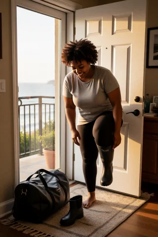 Nylajones, Arriving Home After A Trip At Sea, Standing In He... — Stable Diffusion AI Prompt: nylajones, arriving home after a trip at sea, standing in her apartment entryway...
