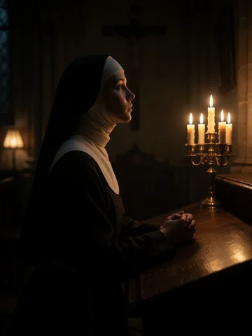 Cinematic Portrait Photography, Vertical Composition Featuri... — Stable Diffusion AI Prompt: Cinematic portrait photography, vertical composition featuring a young nun in pr...
