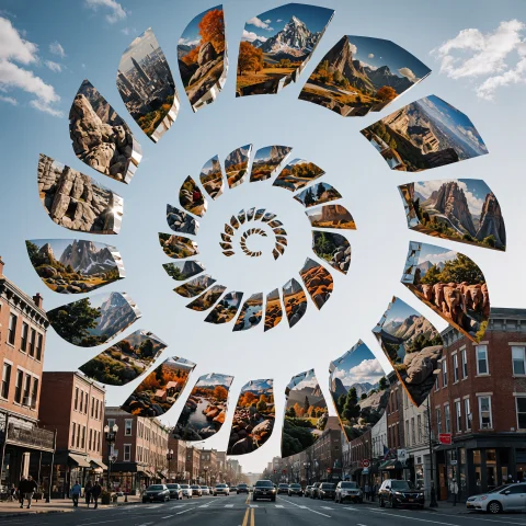A Surrel Photograph, An Enormous Fragmented Spiral Floating... — Stable Diffusion AI Prompt: A surrel photograph, An enormous fragmented spiral floating above a city street,...