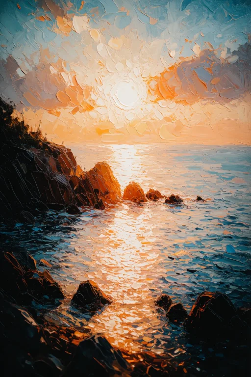 Zidiusart, A Vibrant Oil Painting Of A Rocky Coastline At Su...