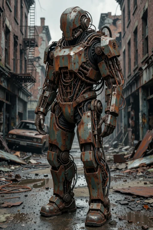 A Human Figure Stands In A Derelict Street, Encased In A Bul...