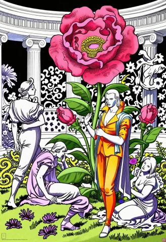 A Royal Magician Regards The Flower-devil With Guarded Knowl... — Stable Diffusion AI Prompt: A royal magician regards the Flower-Devil with guarded knowledge while gardeners...