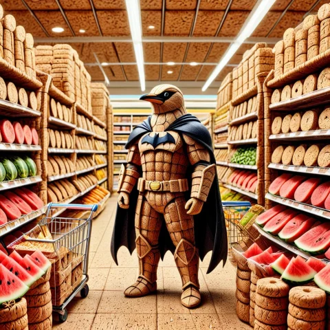 A Detailed Macro Shot Of Batman In Full Armor, Standing In A... — SDXL AI Prompt: A detailed macro shot of Batman in full armor, standing in a supermarket aisle l...