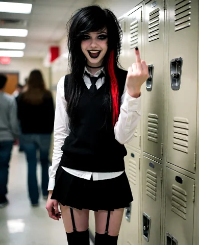 An 18 Year Old Slim And Skinny Black Haired Emo Girl, Cute F... — Stable Diffusion AI Prompt: An 18 year old slim and skinny black haired emo girl, cute face, long hair, red...