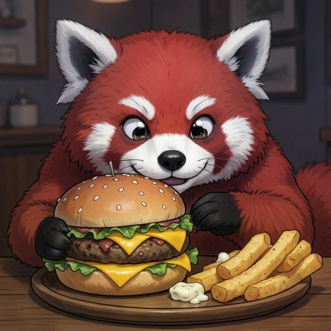 Sinister Yet Cute Red Panda Looking Lustfully At A Double Ch... — FLUX AI Prompt: sinister yet cute red panda looking lustfully at a double cheeseburger and mozza...