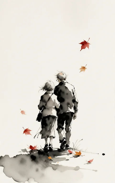 Colorfulink, Minimalist Ink Illustration Of An Elderly Coupl...